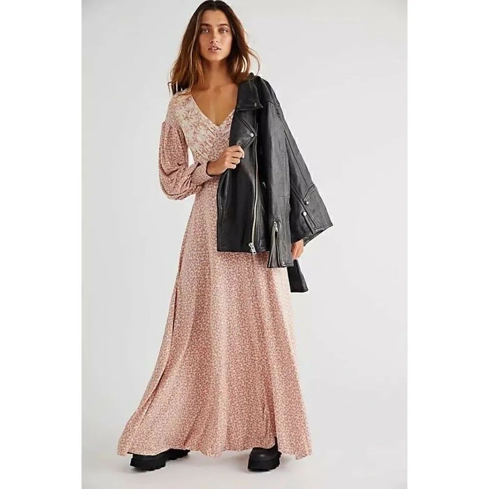 NWT FREE PEOPLE LOVE STORY MAXI DRESS MIXED FLORAL PRINT LONG SLEEVE TEA